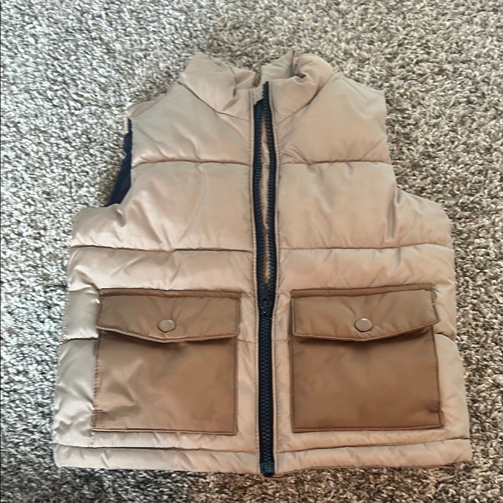 2T tan, brown and navy blue puffer vest toddler boy